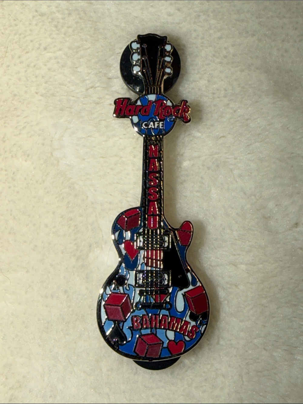 Hard Rock Cafe Nassau Bahamas Guitar Pin - Red, Blue, Black: Dices, Hearts